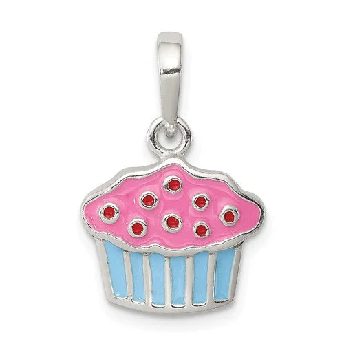 choker necklace for girls -Sterling Silver Polished Enamel Cupcake Children's Pendant