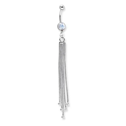 diamond tennis necklace for women -Surgical Stainless Steel Blue Crystal Long Tassel 14g Belly Naval Ring