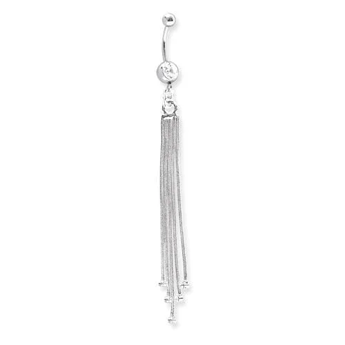 tribal style necklace for men -Surgical Stainless Steel Clear Crystal Long Tassel 14g Belly Naval Ring