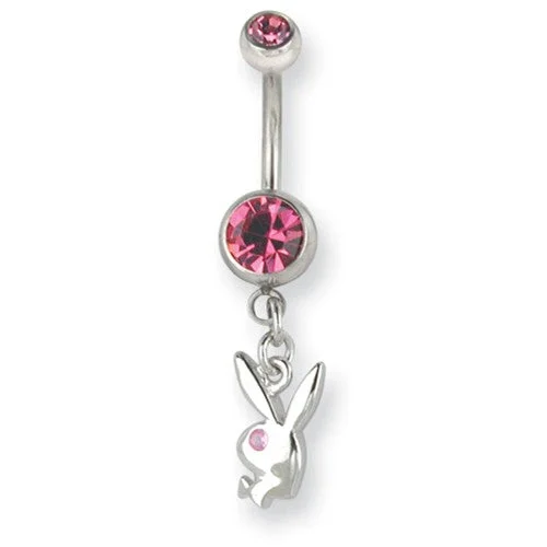 vintage silver necklace for men -Surgical Stainless Steel Rose Pink Crystal Playboy Bunny 14g Belly Naval Ring