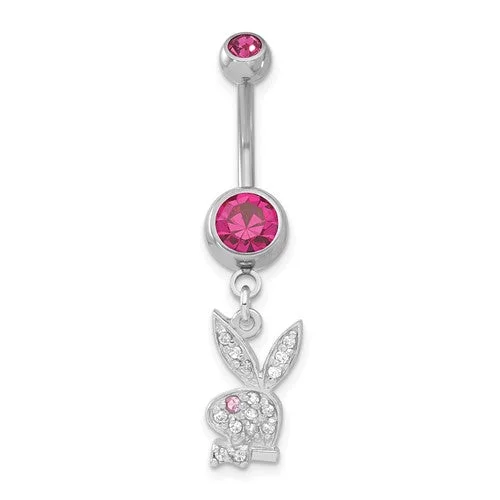 gemstone necklace for women -Surgical Stainless Steel Rose Pink & White Crystal Playboy Bunny 14g Belly Naval Ring