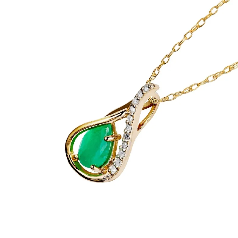 long pendant necklace for women -Viducci 10k Yellow Gold Genuine Pear-shape Emerald and Diamond Halo Drop Pendant Necklace