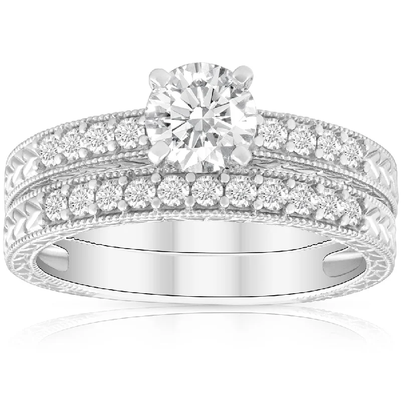 Luxury diamond rings for women-1 1/2ct Diamond Engagement Ring & Matching Vintage Wedding Band Set White Gold