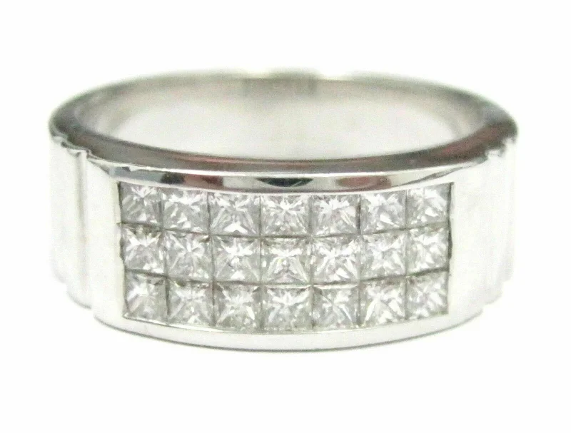 Men’s luxury rings with diamonds-1.35 TCW Men's 3 Row Princess Cut Diamond Ring/Band Size 10 14kt White Gold