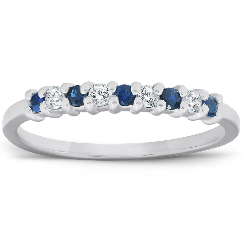 Custom diamond rings for anniversary gifts-1/4CT Blue Sapphire & Diamond Wedding Ring 10K White Gold