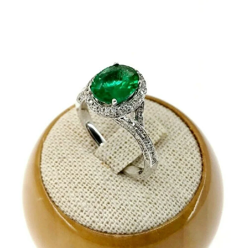 Vintage wedding bands for women-1.80 Carats t.w. Diamond and Emerald Halo/Under Halo 3 Sided Pave Ring 14K Gold