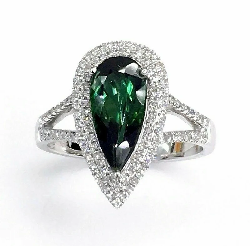 Unique wedding rings for couples-1.99 Carats t.w. Diamond and Green Tourmaline Double Halo Ring 14K Gold New