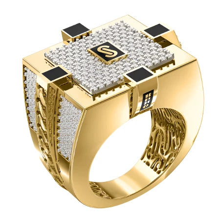 Custom promise rings with engraving-10k Solid Gold MONACO NERO CZ MENS SQUARE RING (NERO 7)