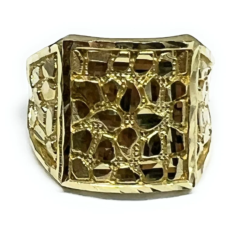 Silver rings with diamonds for women-10k Solid Gold Yellow Classic Nugget Square Ring (XL) (6.9g)