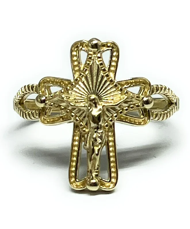 Unique rings with colored stones-10k Solid Gold Yellow CROSS JESUS CRUCIFIX Ring