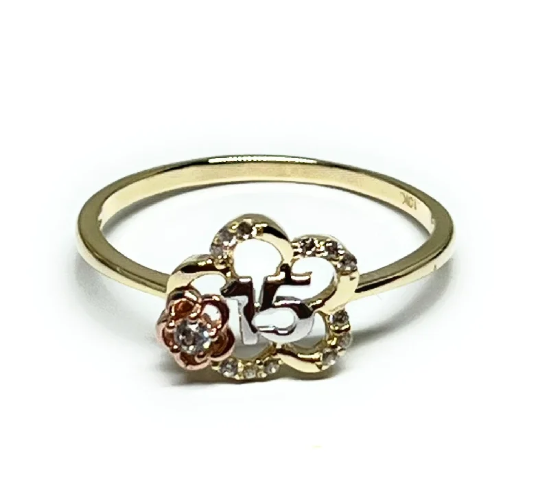 Affordable engagement rings with diamonds-10k Solid Gold Yellow & Rose Gold FLOWER CZ Mis 15 Años Ring (FC 254)