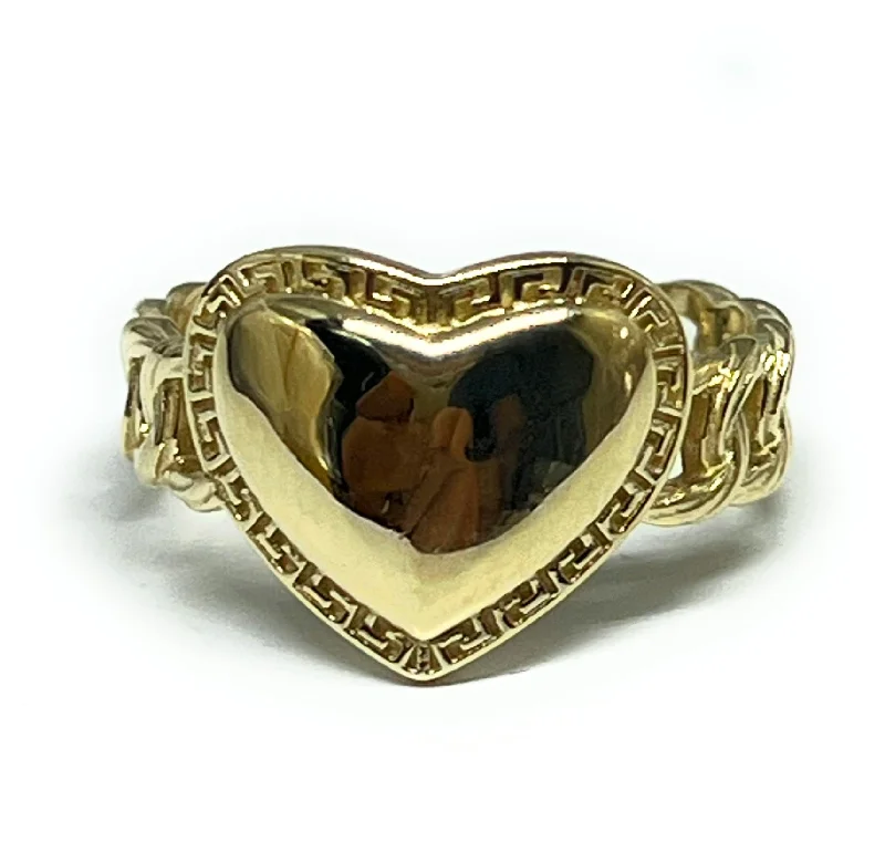 Silver rings with diamonds for women-10k Solid Gold Yellow HEART GREEK BORDER CUBAN LINK Ring