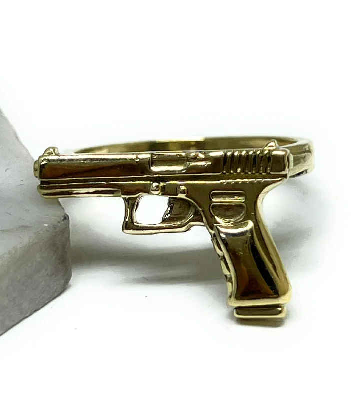 Gold rings for men with initials-10k Solid Gold Yellow PISTOL GUN RING