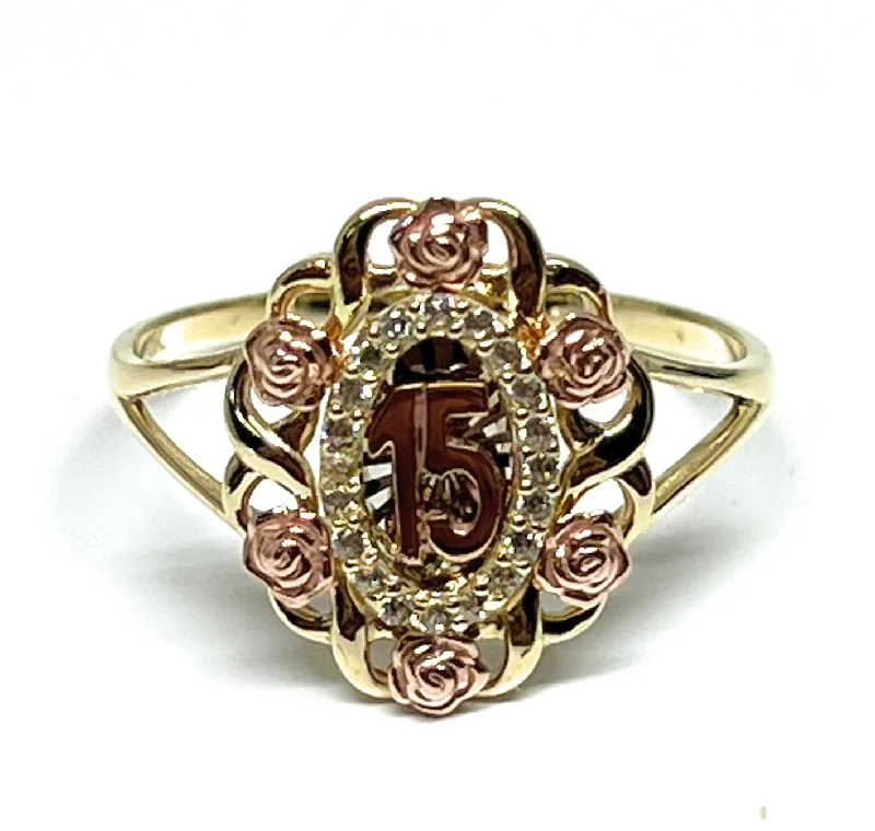 Custom initial rings for women-10k Solid Gold Yellow & Rose Gold FLOWER CZ Mis 15 Años Ring (FC 250)