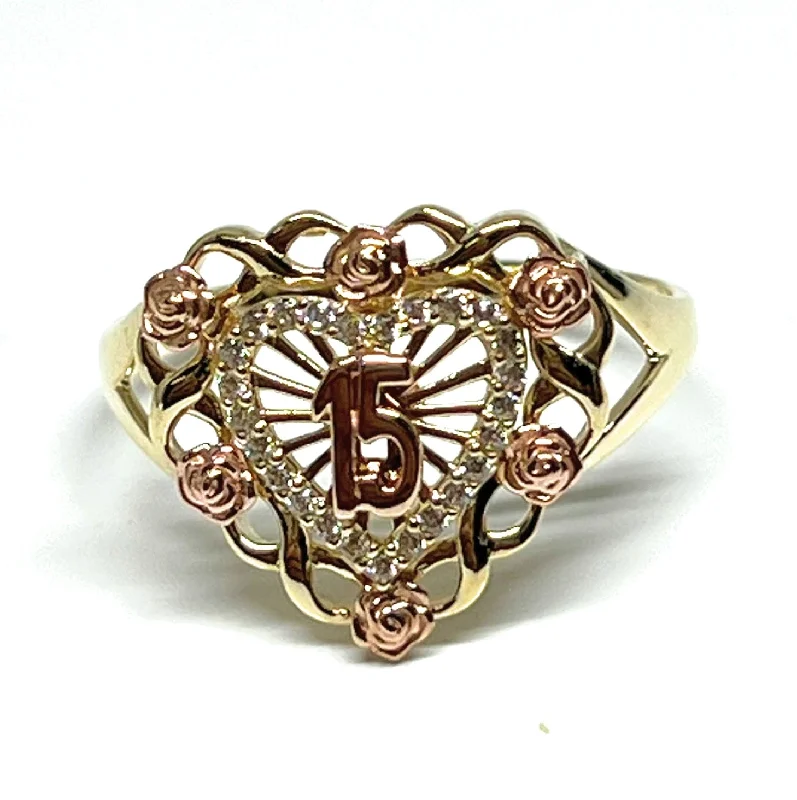 Silver rings with diamonds for women-10k Solid Gold Yellow & Rose Gold FLOWER CZ Mis 15 Años Ring (FC 252)