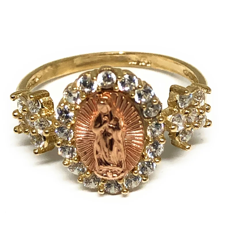 Custom gold rings with initials for men-10k Solid Gold Yellow & Rose Gold Virrgin Mary CZ Ring