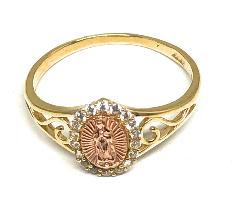 Gold rings with sapphires for women-10k Solid Gold Yellow & Rose Gold Virrgin Mary CZ Ring