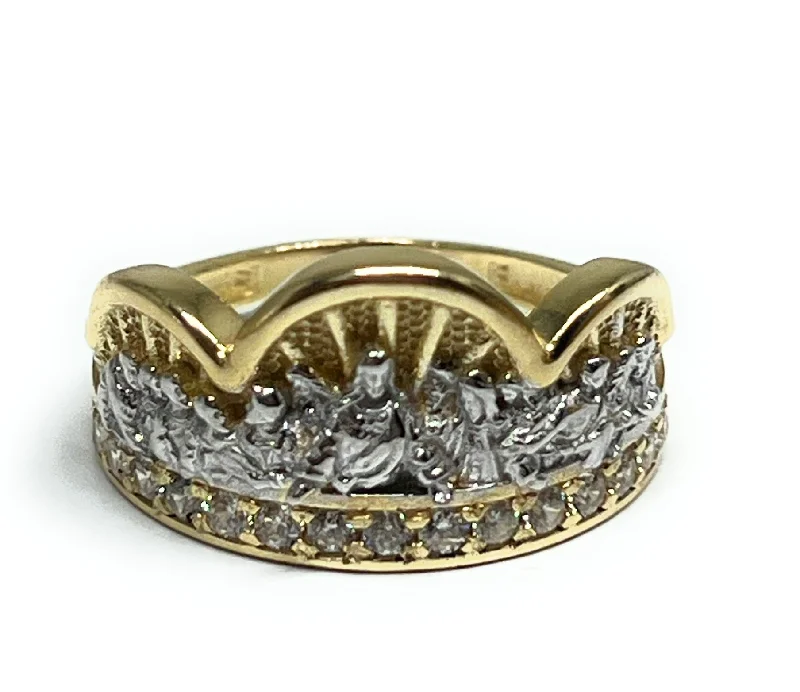 Personalized gemstone wedding bands-10k SOLID GOLD YELLOW & WHITE GOLD WIDE LAST SUPPER RING (6.1g)