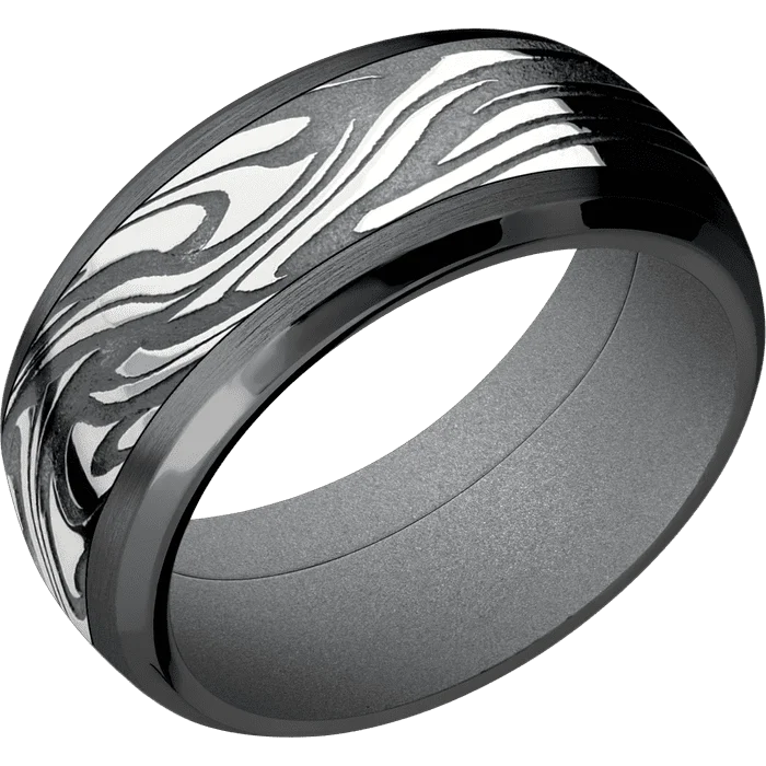 Simple signet rings for men-10mm wide Domed Bevel Black Titanium Ring with Satin Finish / One 6mm Centered Scale Damascus Steel Inlay with Tumble Kuro Damascus Finish / Crushed Silver Cerakote Sleeve