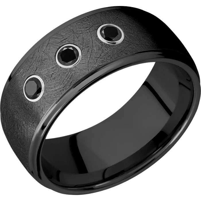 Stackable rings with diamonds for women-10mm wide Domed Stepped Down Edges Black Zirconium Ring with Distressed Finish / 3 Round .07 carat Black Diamond Bezel-Set Gemstones