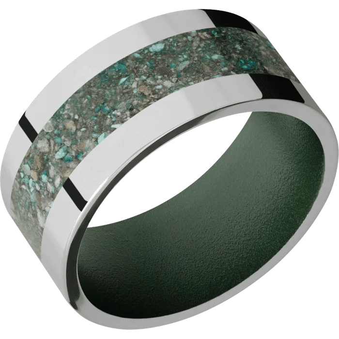 Unique engagement rings for women-10mm wide Flat Titanium Ring with Polish Finish / One 5mm Centered Ocean Jasper Inlay / Highland Green Cerakote Sleeve