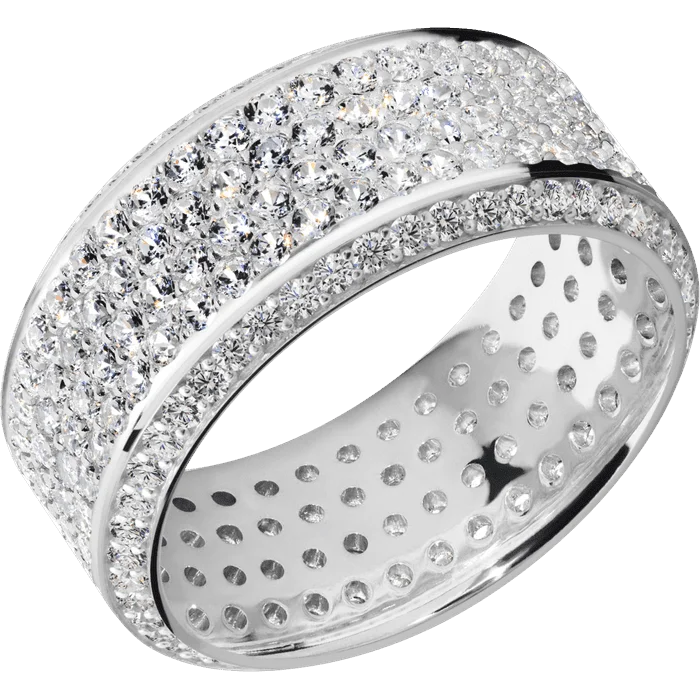 Unique wedding bands with gemstones-10mm wide High Bevel 10k White Gold Ring with Polish Finish / Bevel Eternity Round .01 carat Lab Grown Diamond Bead-Set Gemstones / 4 Row Eternity Round .015 carat Lab Grown Diamond Bead Channel-Set Gemstones