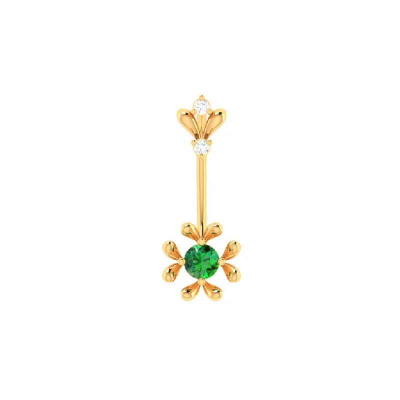 Wedding rings with sapphires for men-14k Floral Diamond Belly Button Ring With Green Detailing