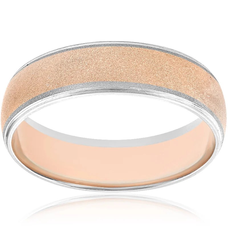 Simple gold rings for women-14K Rose & White Gold Two Tone Mens Brushed Wedding Ring