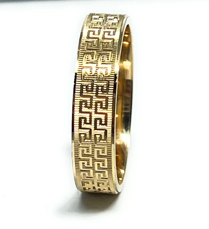 Simple men’s gold rings for casual wear-14k Solid Gold Greek Meandros Border Band Ring