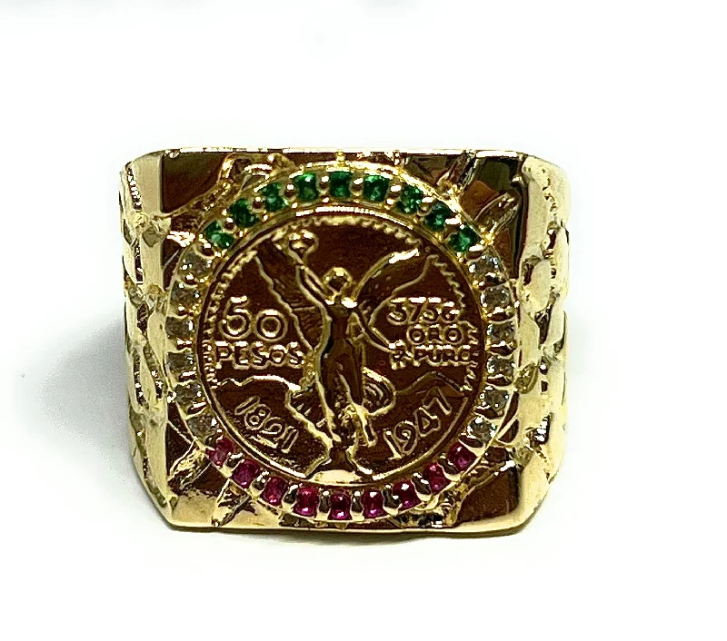 Custom rings for anniversary gifts-14k Solid Gold MEXICAN CENNTENARIO 50 COIN NUGGET CZ Ring (10g~)