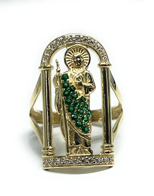 Vintage rings with emeralds for women-14k Solid Gold SAAN JUDAS SAAINT JUDE GREEN CZ RING (5.4g)