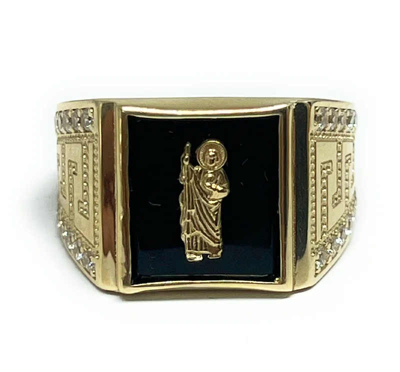 Wedding rings with sapphires for men-14k Solid Gold SAAN JUDAS SAAINT JUDE ONYX CZ GREEK BORDER Ring (8.9g)