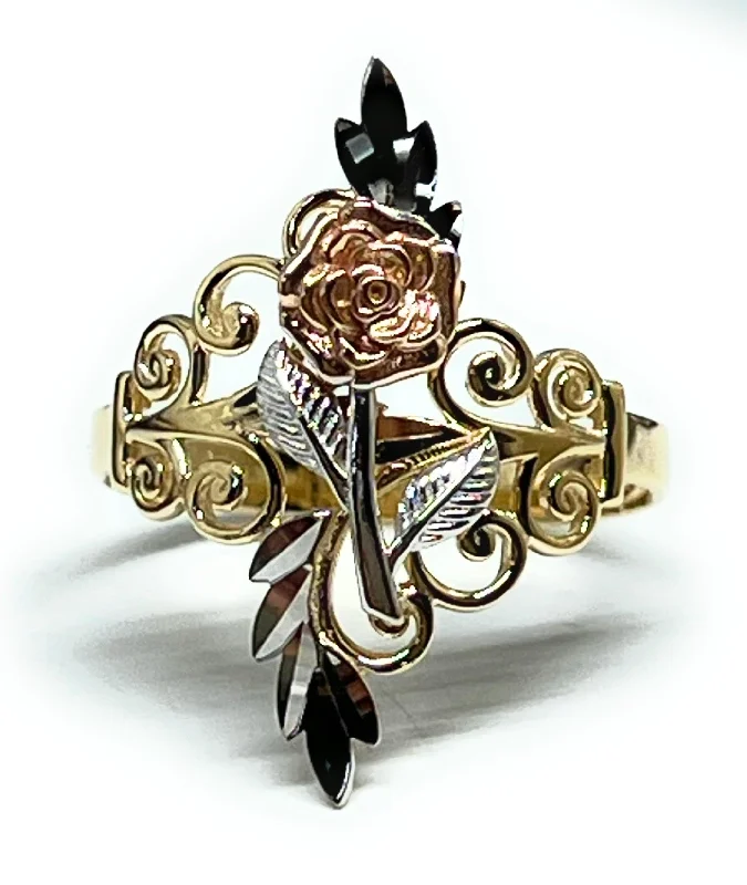 Gold stacking rings for women-14k Solid Gold Tri-Color Flower Filigree Ring (FC 283)