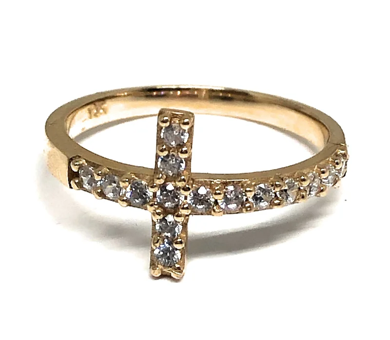 Fashion rings with diamonds for men-14k Solid Gold Yellow Cross CZ Ring (FC 268)