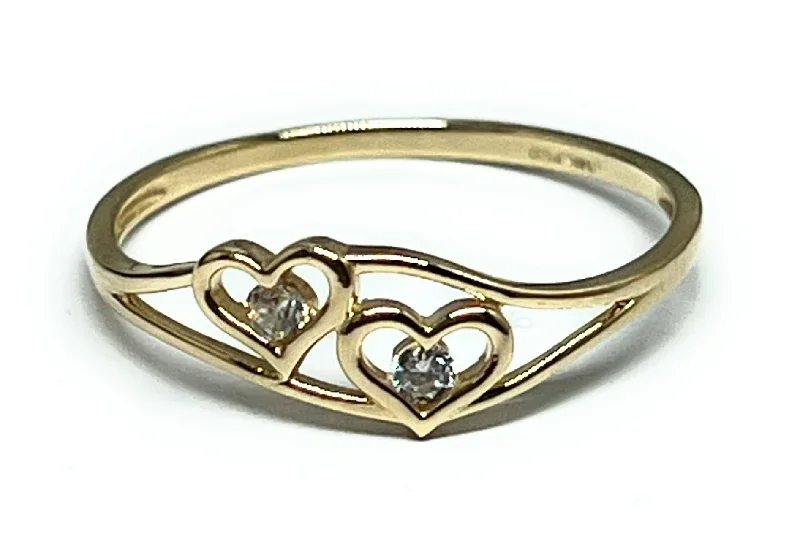 Personalized women’s wedding rings-14k Solid Gold Yellow CZ Double Heart Ring (FC 272)