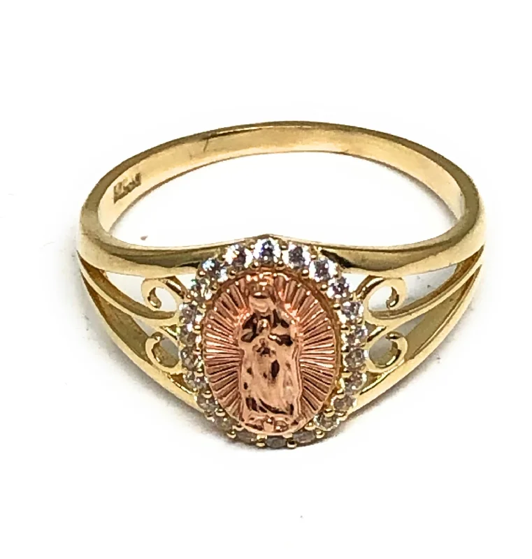 Stackable rings for women-14k Solid Gold Yellow & Rose Gold Virrgin Mary CZ Ring