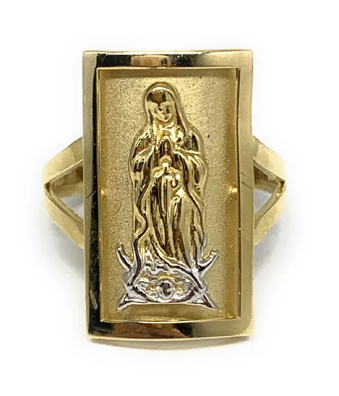 Designer gold rings for women-14k Solid Gold Yellow & White Gold Square Virrgin Mary Ring