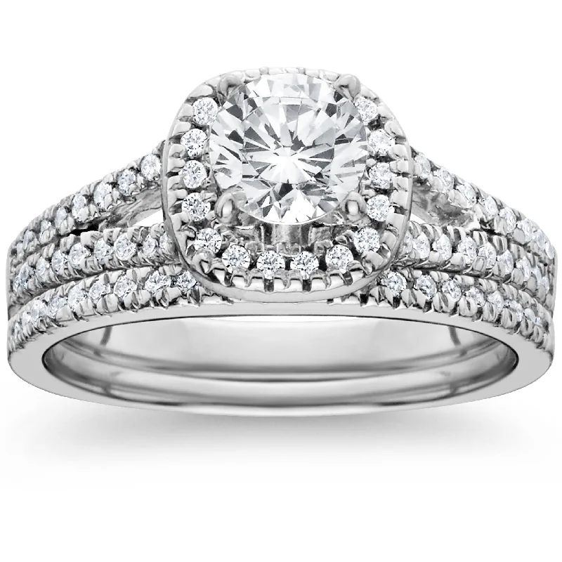 Luxury diamond rings for women-1ct Halo Diamond Engagement Ring Set Split Shank Bridal Wedding 14K White Gold