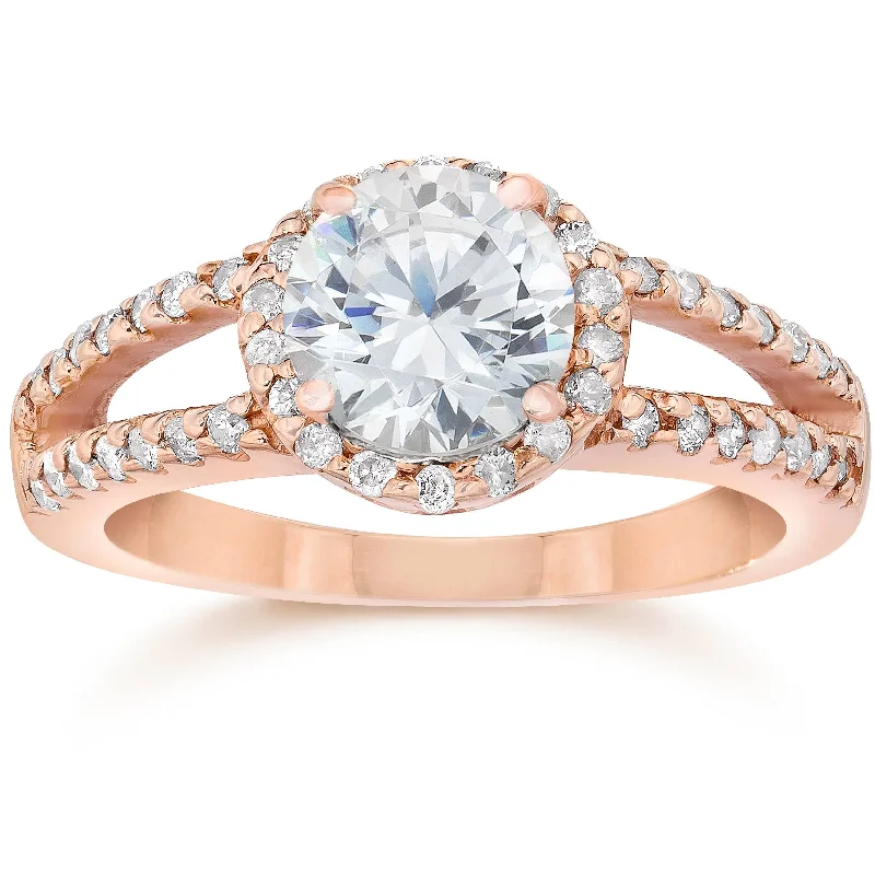 Adjustable engagement rings for women-2.00CT Split Shank Diamond Halo Engagement Ring 14K Rose Gold