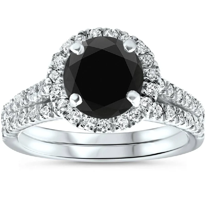 Luxury wedding bands for couples-2 1/2 Ct Treated Black Diamond Halo Engagement Wedding Ring Set 14K White Gold