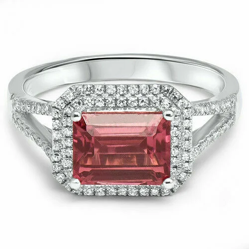 Personalized wedding rings for couples-2.55 TCW Emerald Cut Tourmaline & Diamond Accents Ring Sz 6.25 14k White Gold