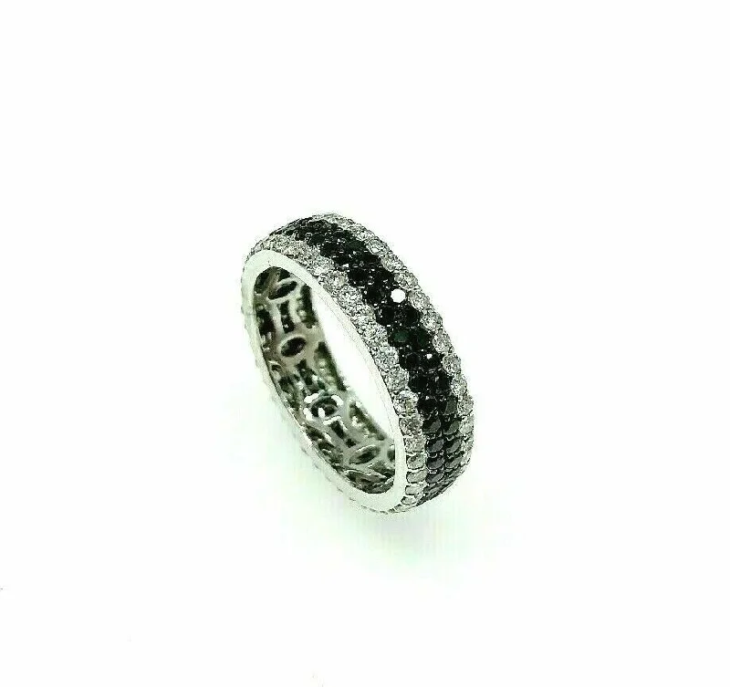 Simple signet rings for men-2.61 Carats t.w. Natural Black and White Diamond Pave 4 Row Eternity Ring 18KW