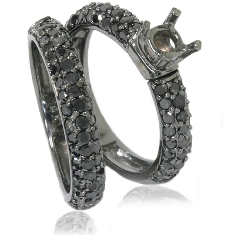 Men’s rings with engraving for gifts-2ct Pave Black Diamond Mount Semi Mount Set 14K White Gold