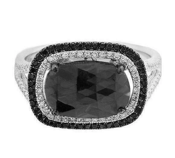 Luxury rings for men with birthstones-3.10ct Rose Cut Rectangular Radiant Black Diamond Center 2Row Halo Cocktail Ring