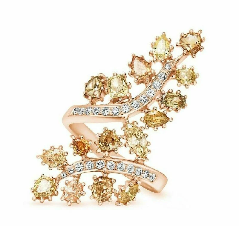 Sterling silver rings for men-3.23 TCW Multi Color Diamond Leaves w Accent 18k Rose Gold Luxury Ring Size 6.25