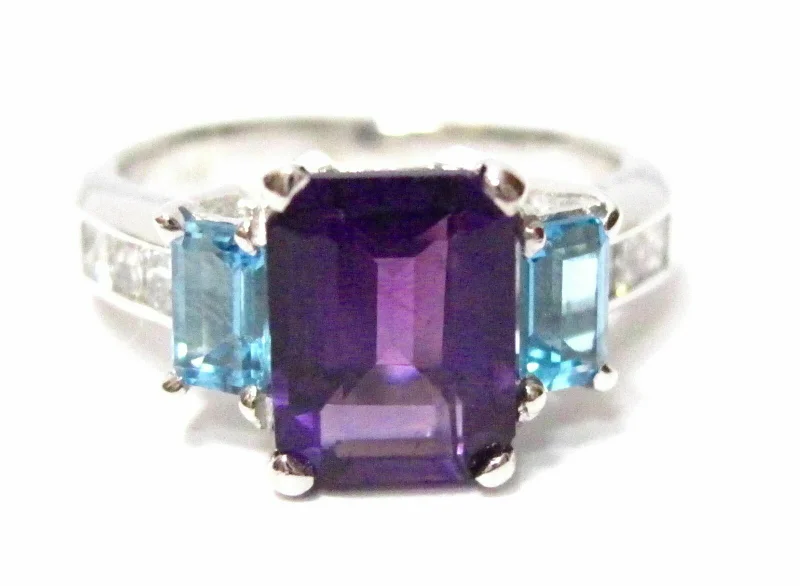 Simple gold rings for women-3.26 TCW Amethyst & Aquamarine Solitaire w/ Accents Cocktail Ring Sz 7.5 14k WG