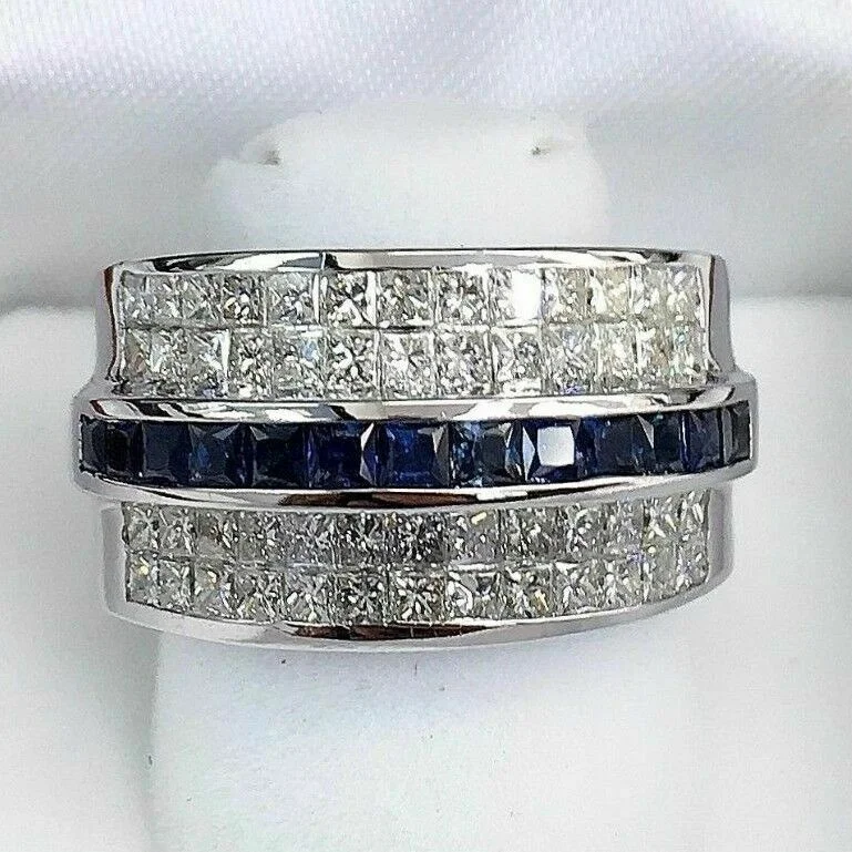 Custom engagement rings with diamonds-3.55 Carats t.w. Diamond and Sapphire Invisible Set Ring 18K Gold 17.5 Grams