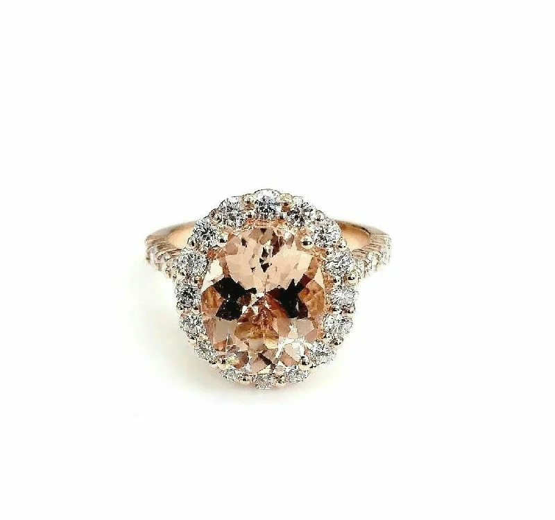 Luxury engagement rings with sapphires-3.88 Carats Diamond and Oval Morganite Halo Cocktail Ring 14K Rose Gold New