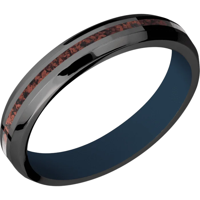 Custom rings for women’s weddings-4mm wide Beveled Black Titanium Ring with Polish Finish / One 1mm Centered Red Dinosaur Bone Inlay / Navy Blue Cerakote Sleeve