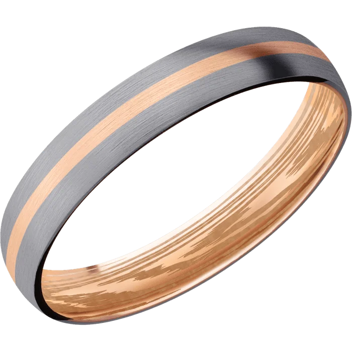 Sterling silver promise rings for her-4mm wide Domed Tantalum Ring with Satin Finish / One 1mm Centered 18k Rose Gold Inlay with Satin Finish / 14k Rose Gold Sleeve / Woodgrain Interior Pattern